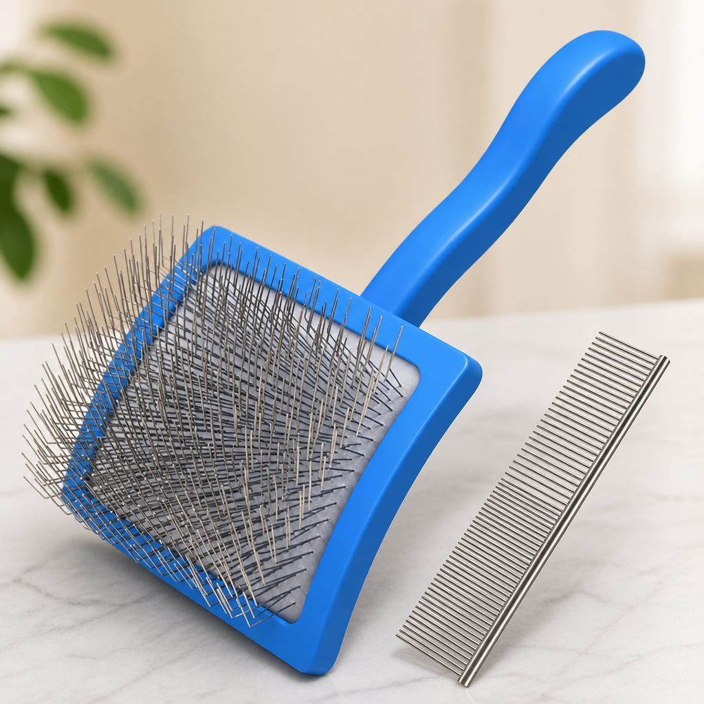 2PCS Slicker Brush for Dogs & Pet Comb,Professional Dog Grooming Brush (Goldendoodles,Poodles,Labradoodles) with Extra Long Pins to Effectively Remove Tangles, Knots and Mats (Blue, Large)