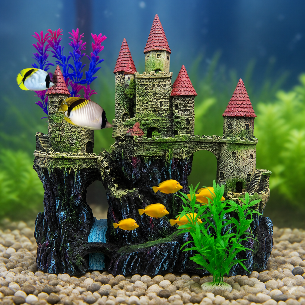 Aquarium Castle Decorations,Resin Castle for Fish Tank with Randomly Color Plants Decor Accessories for Freshwater and Saltwater Fish Tanks (Red)