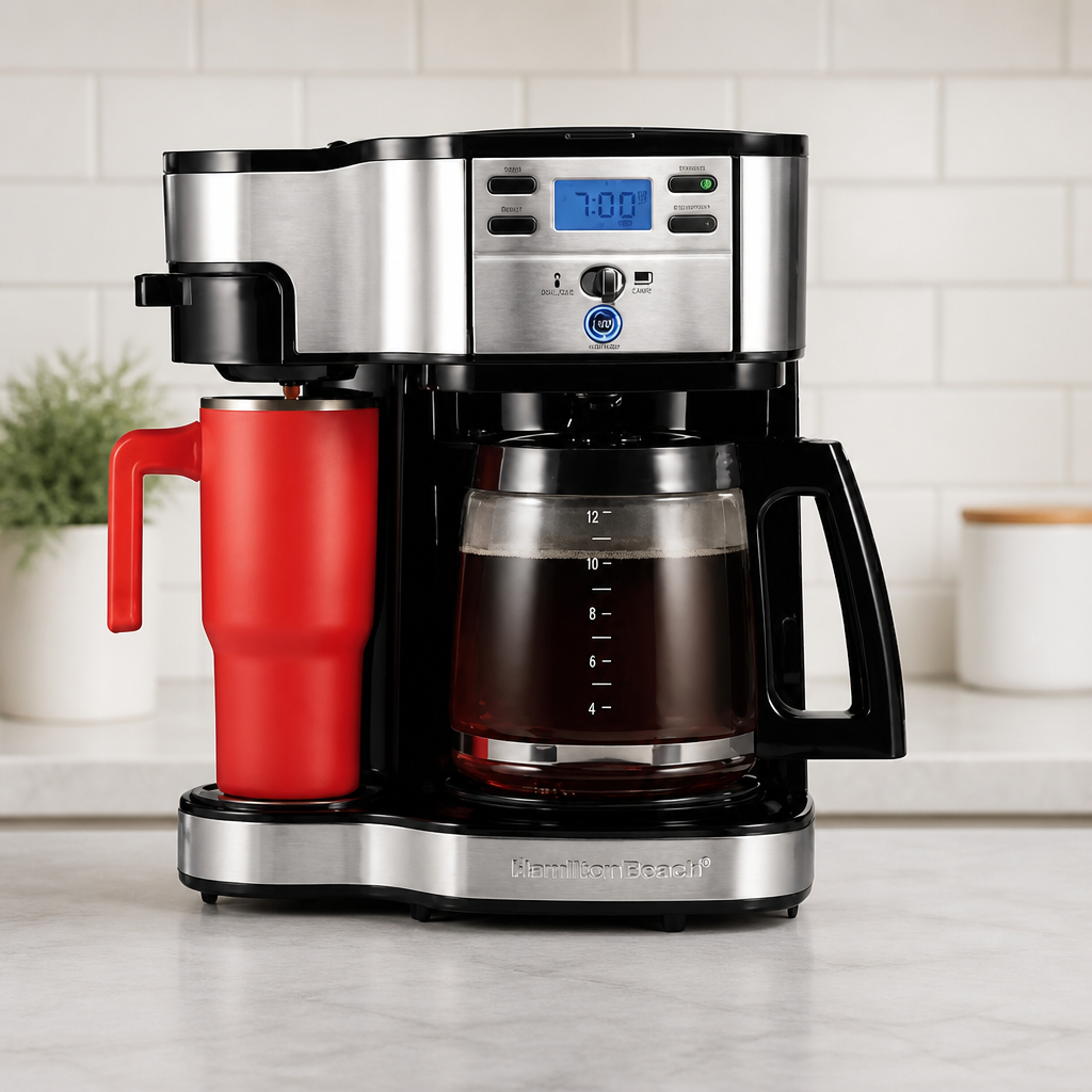 Hamilton Beach 2-Way Programmable Coffee Maker, 12 Cup Glass Carafe And Single Serve Coffee Maker, Black with Stainless Steel Accents, 49980RG | 12 Cup Glass Carafe | Black with Stainless Steel Accents | 49980RG