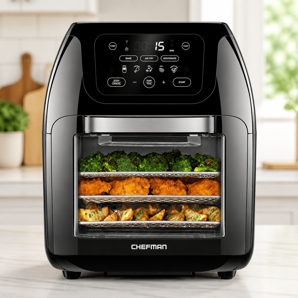 CHEFMAN Multifunctional Digital Air Fryer+ Rotisserie, Dehydrator, Convection Oven, 17 Touch Screen Presets Fry, Roast, Dehydrate, Bake, XL 10L Family Size, Auto Shutoff, Large Easy-View Window, Black
