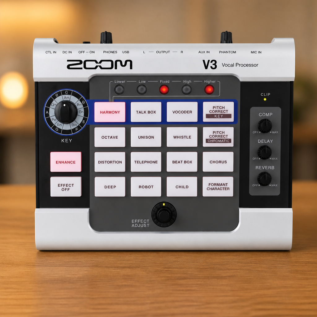 Zoom V3 Vocal Processor for Streaming & Live Performance with Harmony, Pitch Correction, Reverb & Delay, 16 Studio Effects, Battery Powered