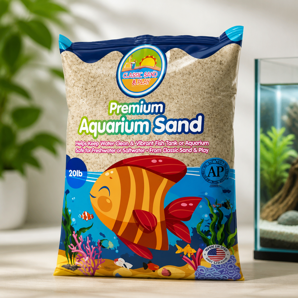 CLASSIC SAND & PLAY Natural Aquarium Sand for Freshwater and Saltwater Tanks, 20 lb. Bag, Improves Filter Life and Filtration Process, Pre-Washed Fine Sand, Natural