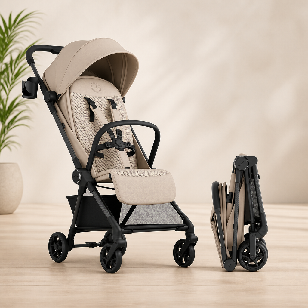 Mompush Nexis Carbon Travel Stroller, Ultra-Lightweight 11.5 lbs, Compact & Airplane Carry-On Approved, One-Second Auto-Fold, One-Hand Full Recline, from Birth to 50 lbs, JPMA Certified, Khaki