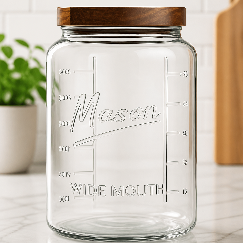 kitchentoolz Extra Large Mason Jar - 1 Gallon Glass Wide Mouth Jar with Airtight Wooden Lid, Food Storage Container with Measurement Markings For Kitchen Pantry, Pickling, Cookies, Flour & Sugar