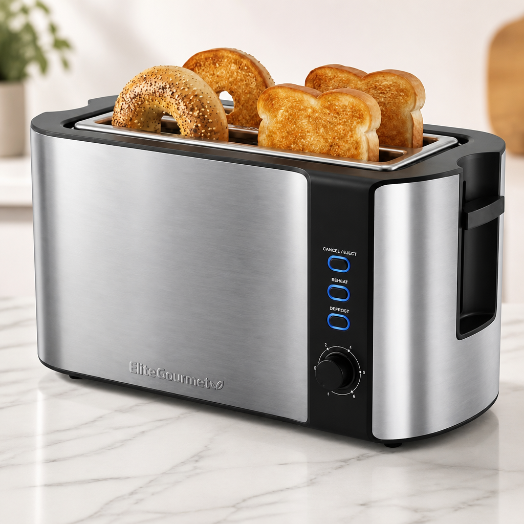 Elite Gourmet ECT-3100 4-Slice Long Slot Toaster | Extra Wide Slots for Bagels, Sourdough & Texas Toast | 6 Browning Settings | Reheat, Defrost & Cancel | Built-In Warming Rack | Stainless Steel
