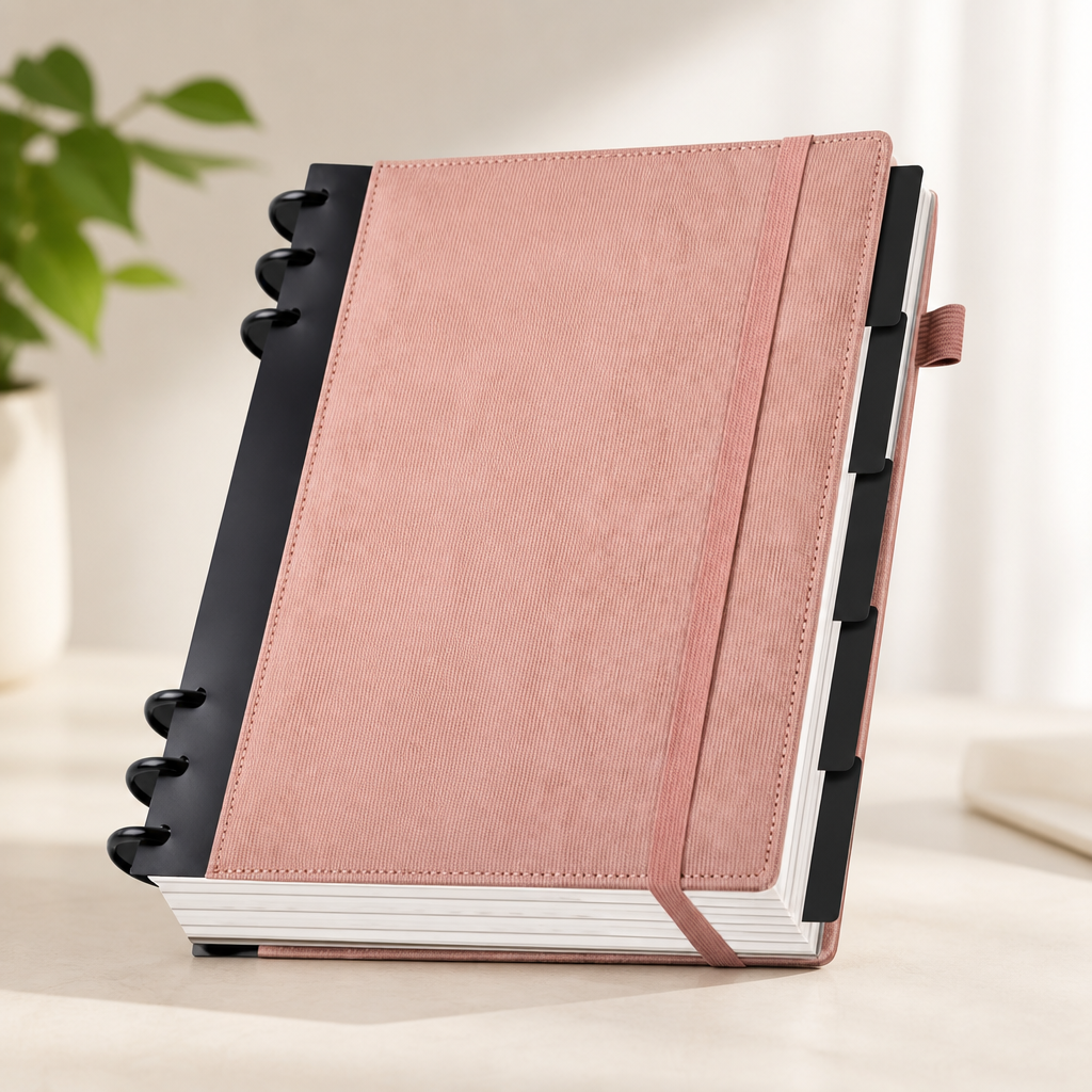 Yoment Refillable Notebooks for Work 5 Subject with Removable Dividers Tabs 240 Pages Hardcover Leather Journals for Writing Large Discbound Planner Colleged Ruled Paper for Women Men 8.58 x 11,Pink