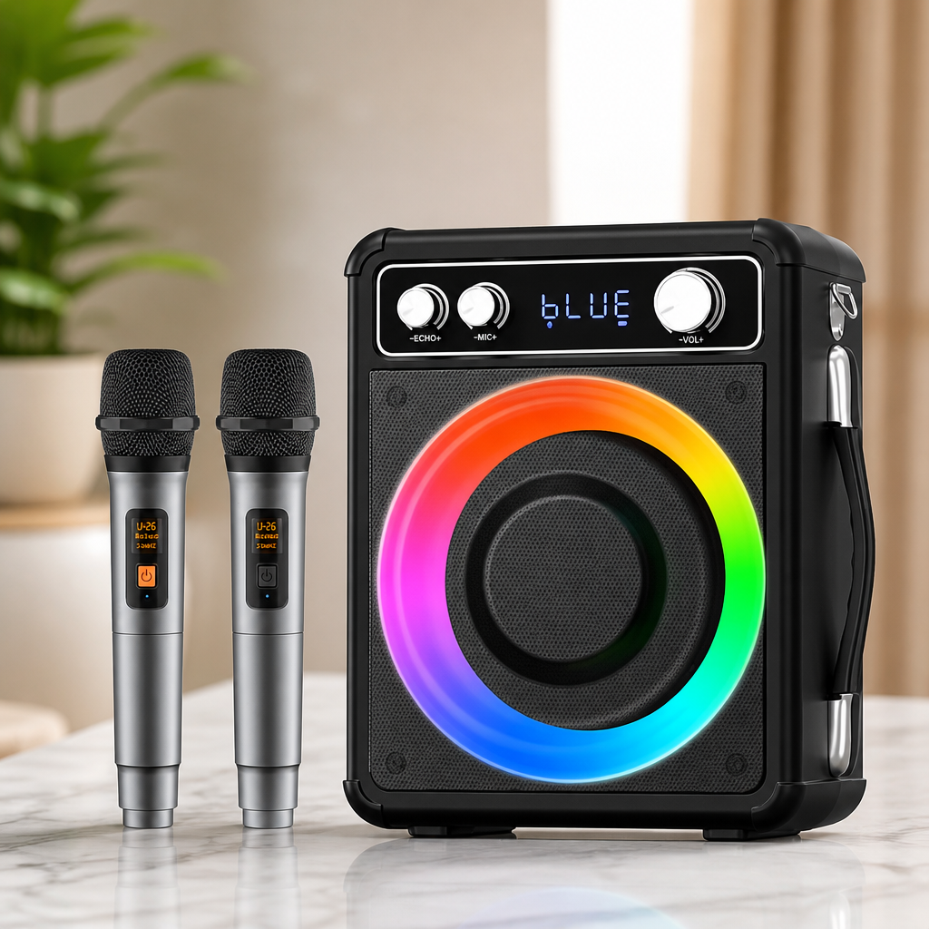 VOSOCO Karaoke Machine with 2 Wireless Microphones, Portable Bluetooth Speaker for Adults Kids, PA Systems Support TWS Echo Adjust TF USB AUX for Home Party Outdoor Travel
