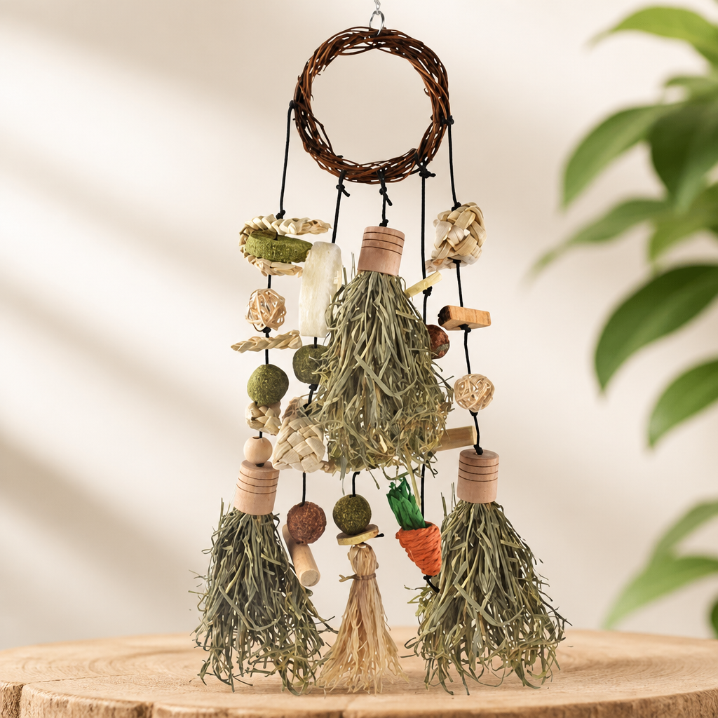 Bissap Rabbit Chew Toy Snack for Small Pet | Bunny Cage Hanging Chewing, Natural Teeth Grinding Toy Treat, for Guinea Pig Chinchilla Hamster Rat (Timothy Hay & Vine)