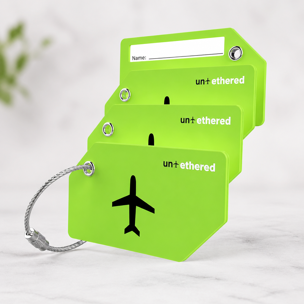 Untethered 4-Pack Luggage Tag Set | Durable Luggage Tags for Suitcases & Travel Bags | Bag Tag & Name ID Identifiers | Suitcase Tags for Easy Luggage Identification