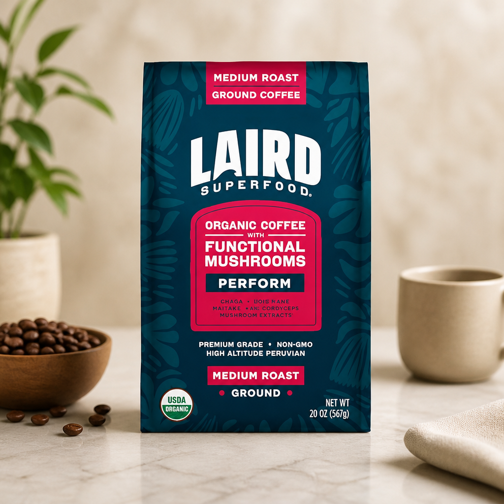 Laird Superfood Peruvian Medium Roast Coffee with Functional Mushrooms, Certified Organic Peruvian Ground Coffee Beans, Gluten-Free, Dairy-Free, Non-GMO, Paleo, Keto Friendly, 20 oz. Bag