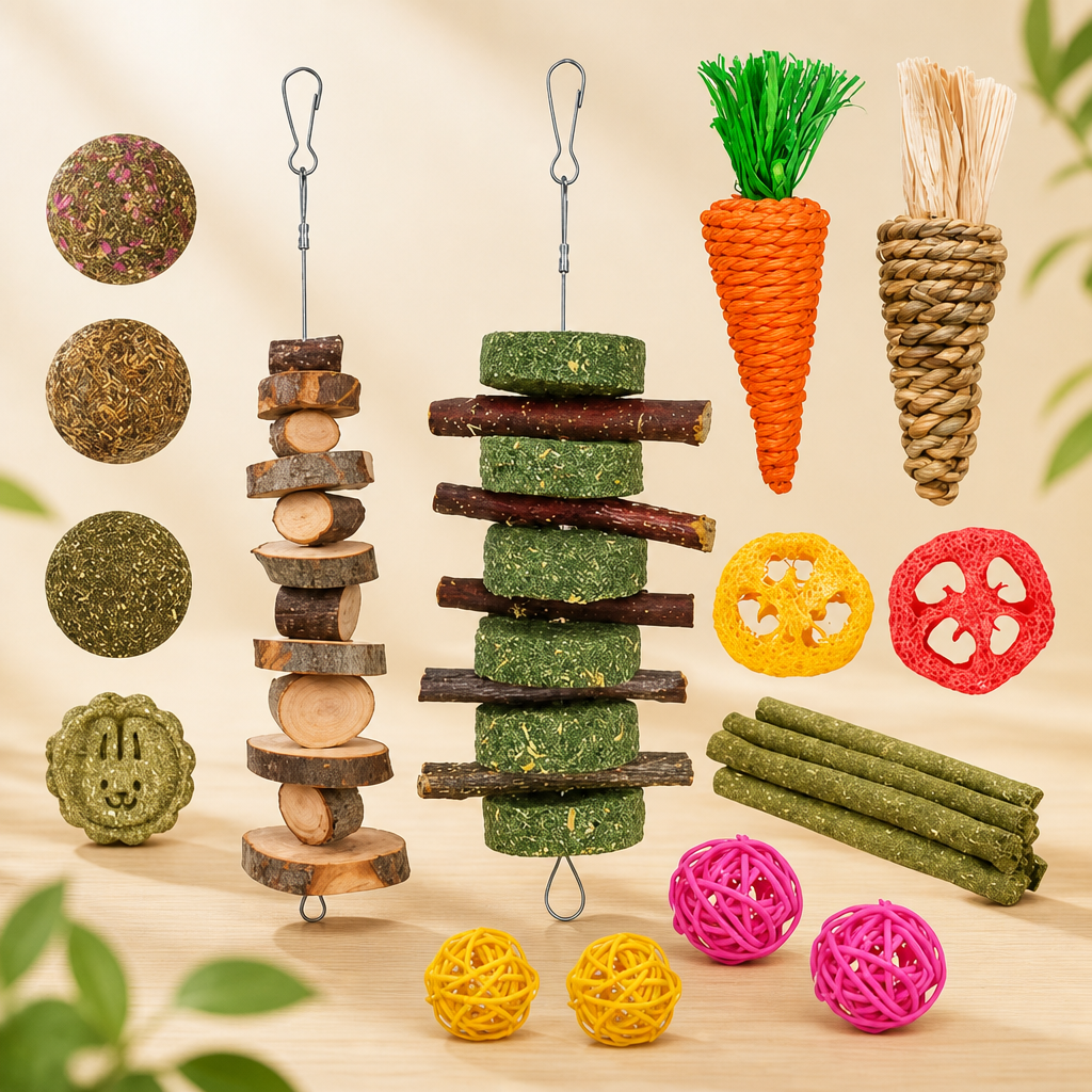 Grddaef 20 PCS Bunny Chew Toys for Teeth, Natural Rabbit Toys Apple Wood Grass Timothy Sticks Chew and Treat for Guinea Pigs Hamster Chinchillas