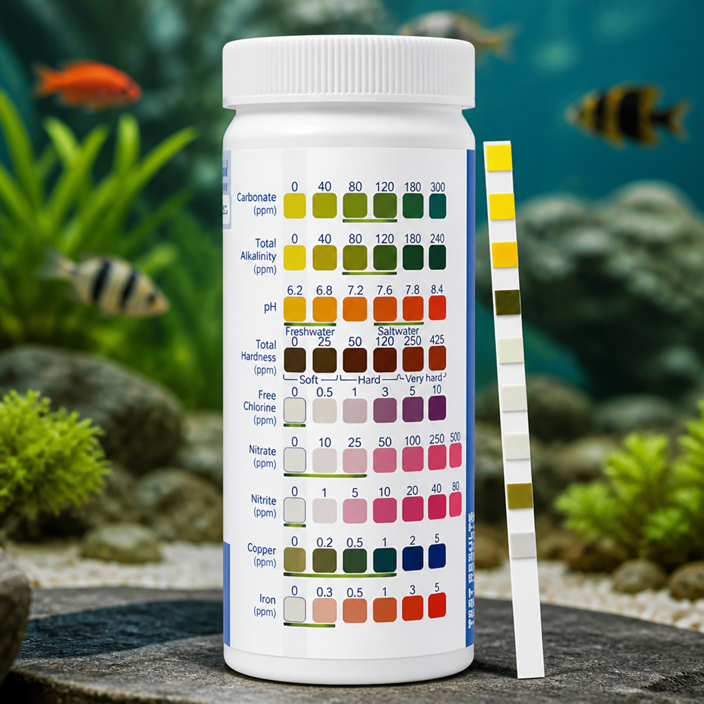 Aquarium Test Strips,100 Strips 9 in1 Saltwater and Freshwater Aquarium Test Kit for Aquarium,Pond and Fish tank,Testing Carbonate,Alkalinity,pH,Hardness,Free Chlorine,Nitrate,Nitrite,copper and Iron.