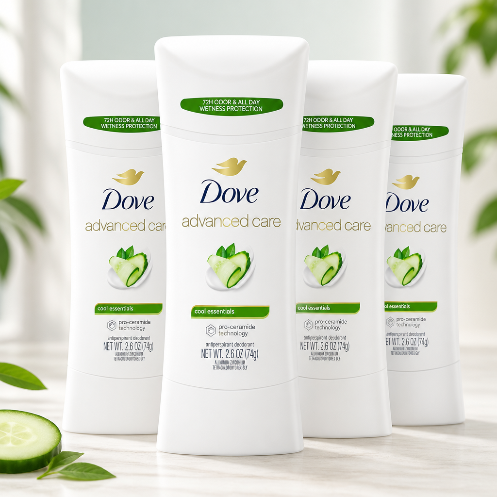 Dove Advanced Care Antiperspirant Deodorant Stick Cool Essentials 4 ct for helping your skin barrier repair after shaving 72 hour odor control and sweat protection with Pro Ceramide Technology 2.6 oz