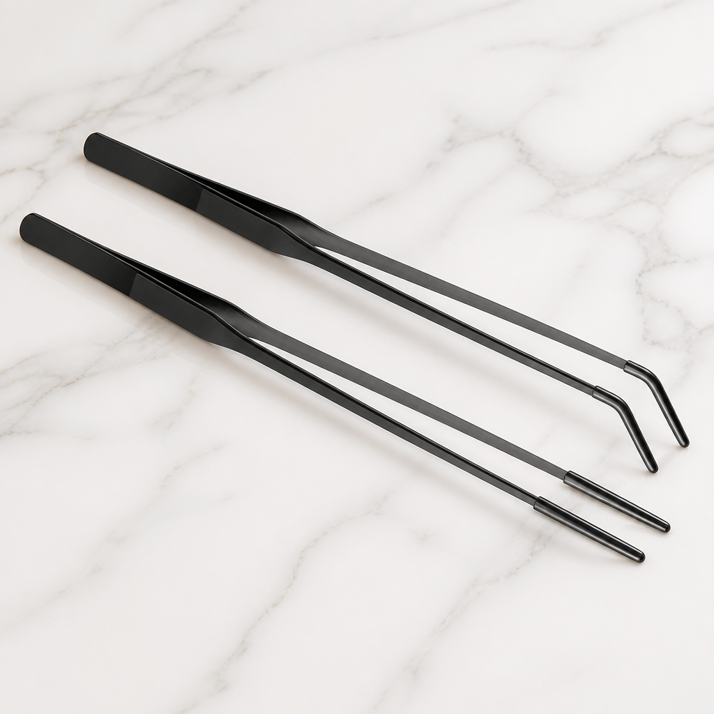 Lasnten 2 Pcs Extra Long Stainless Steel Reptile Feeding Tongs with Rubber Tip 15 Inch Bearded Dragon Aquarium Straight and Curved Long Tweezer Terrarium Feeder Tool for Tank(Black)