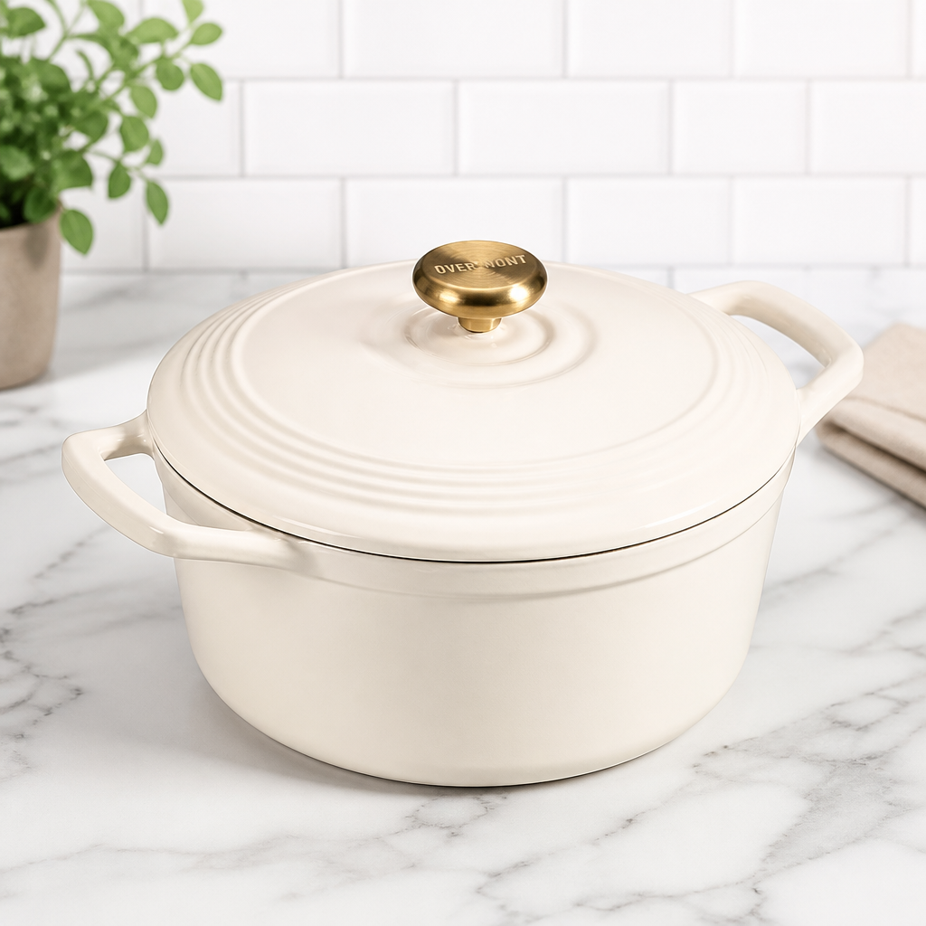 Overmont Enameled Cast Iron Dutch Oven - 5.5QT Pot with Lid Cookbook & Cotton Potholders - Heavy-Duty Cookware for Braising, Stews, Roasting, Sourdough Baking White