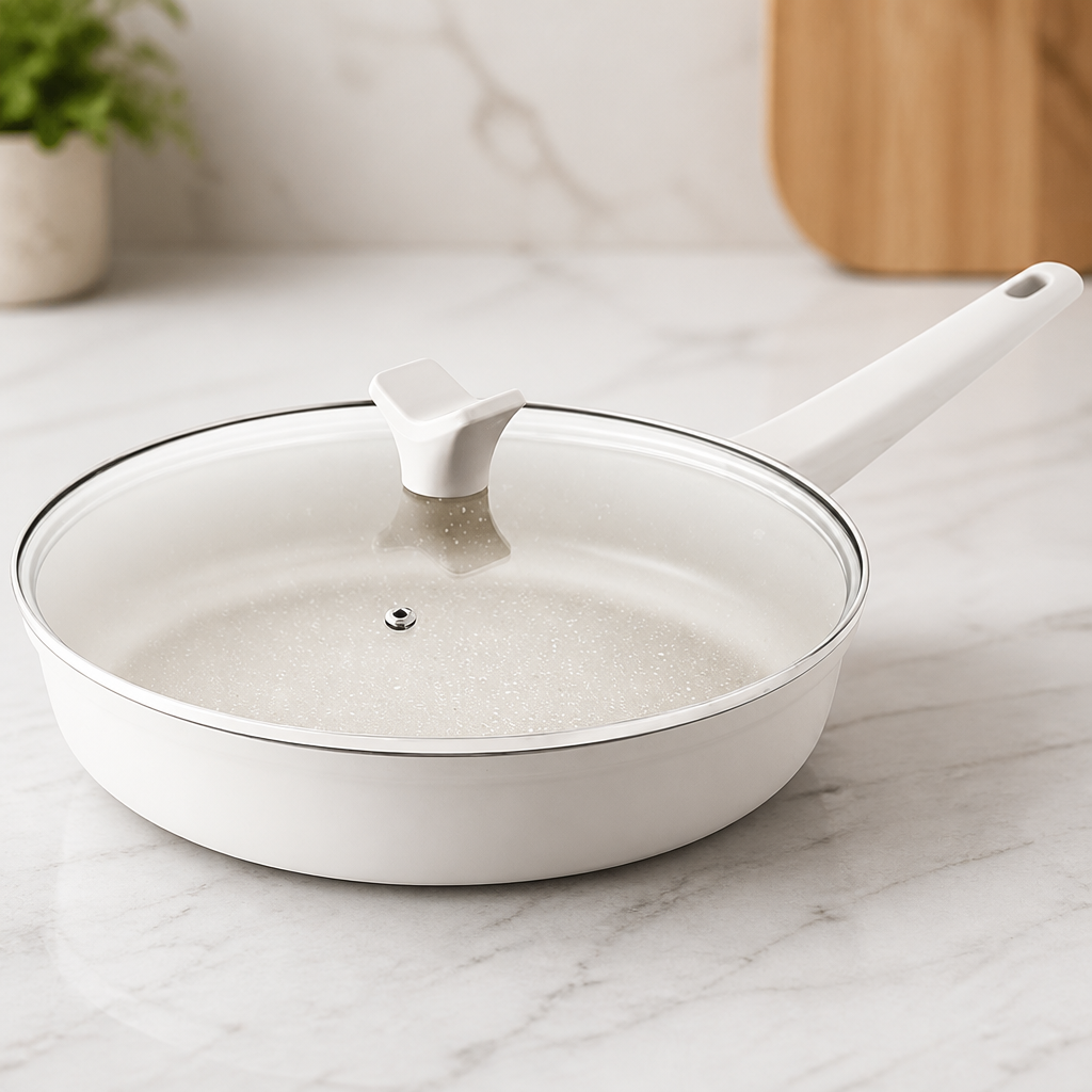 THE ROCK SOHO 11-Inch Non Stick Frying Pan with Lid–Nothing Sticks, Never Warps, Lasts Longer, Ceramic Non Toxic Skillet with Heat-Resistant Handle, PTFE PFOA&PFAS Free, Dishwasher Safe, Cream