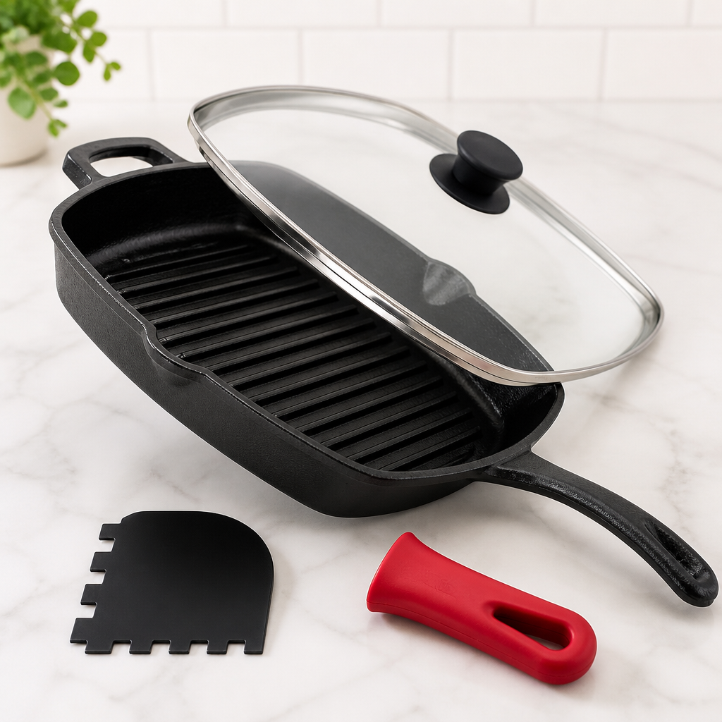 Cuisinel Cast Iron Square Grill Pan + Glass Lid + Pan Scraper + Handle Cover - 10.5" Pre-Seasoned Ridged Skillet - Grill, Stovetop, Fire, Indoor/Outdoor Use - for Grilling, Frying, Sauteing