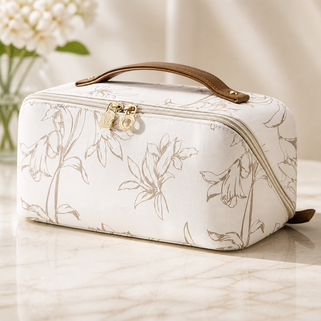 EACHY Travel Makeup Bag, Large Capacity Cosmetic Bags for Women, Waterproof Portable Pouch Open Flat Toiletry Bag Pattern Make up Bag (F-Beige)