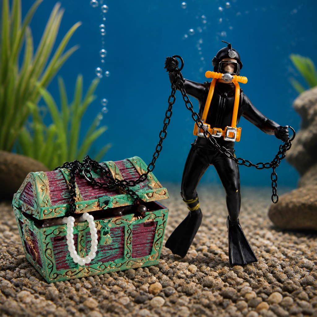 Action Aquarium Ornament, Undersea Treasure Chest Diver, Live-Action Aerating Fish Tank Decorations Resin