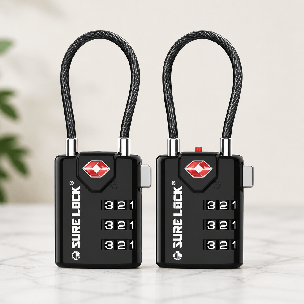 SURE LOCK TSA Approved Luggage Locks with Open Alert Indicator, 3 Digit Combination Cable Travel Lock for Suitcase, Backpack & Travel Bag, 2 Pack Black