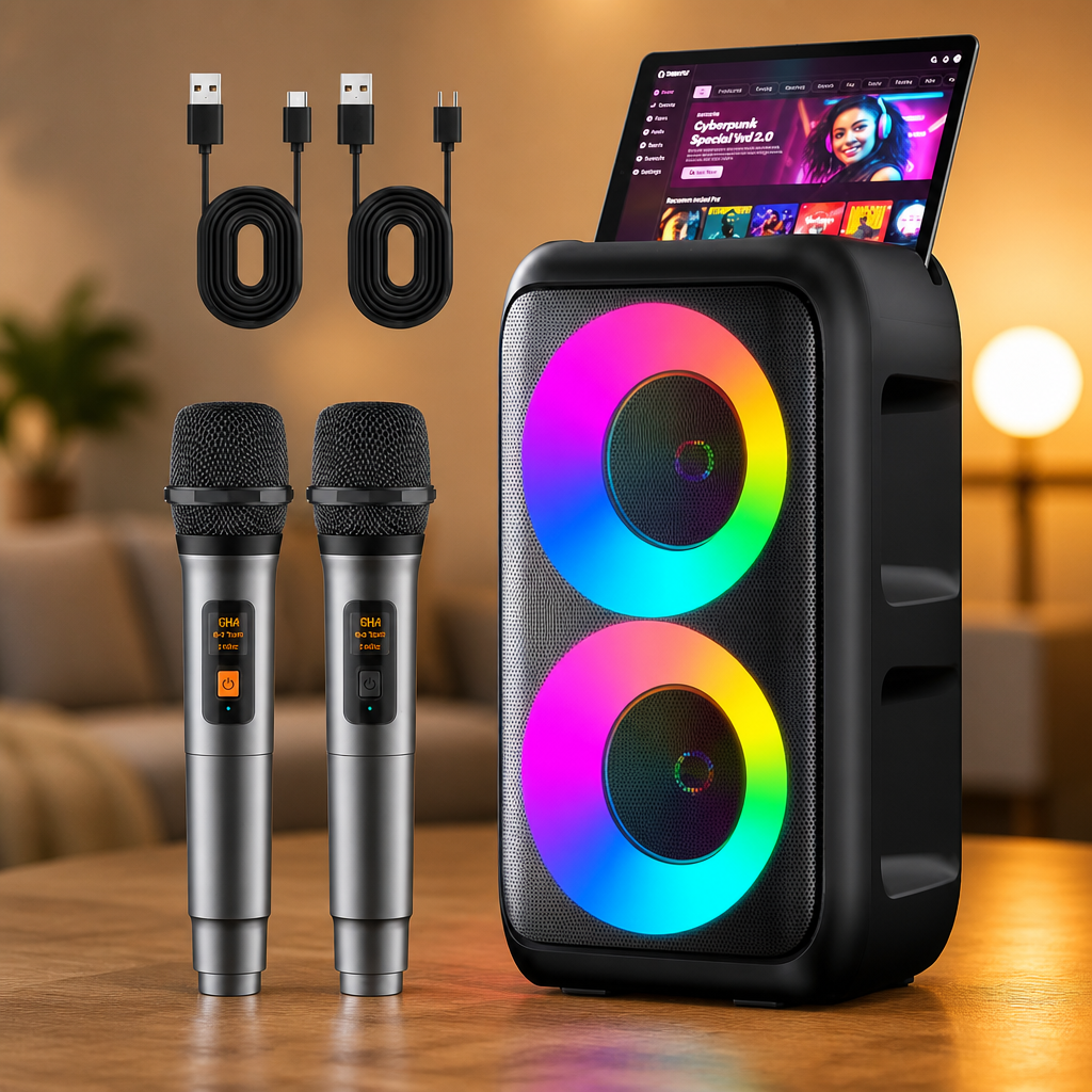 Karaoke Machine for Adults Kids, Portable Bluetooth Speaker with 2 Wireless Microphones, TWS Mode & LED Light, 10H Battery PA System, Home Party Outdoor Camping Birthday (2 Mics)