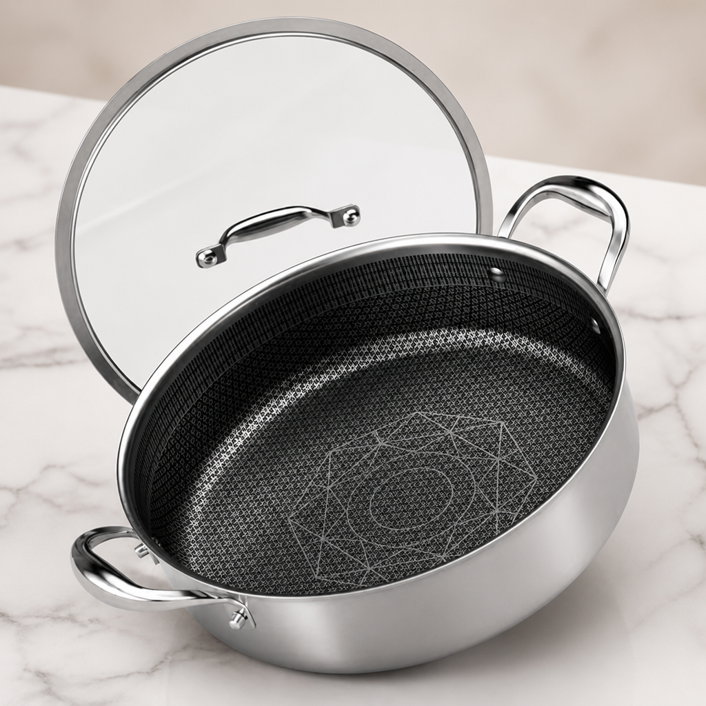COOKER KING 5QT Stainless Steel Saute Pan with Lid, Hybrid Nonstick Deep Saute Pan, Chicken Fryer, Tri-Ply Clad Even Heat Distribution, Dishwasher-Friendly,Oven Safe to 900°F, Induction Compatible