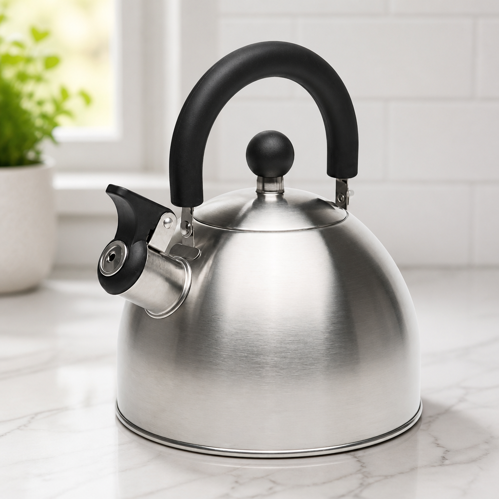 Primula Stewart Whistling Tea Kettle for Stovetop, Stainless Steel Stove Top Kettle with Fast Boil Whistling Spout and Cool Touch Folding Handle, 1.5-Quart, Brushed Silver with Black Handle