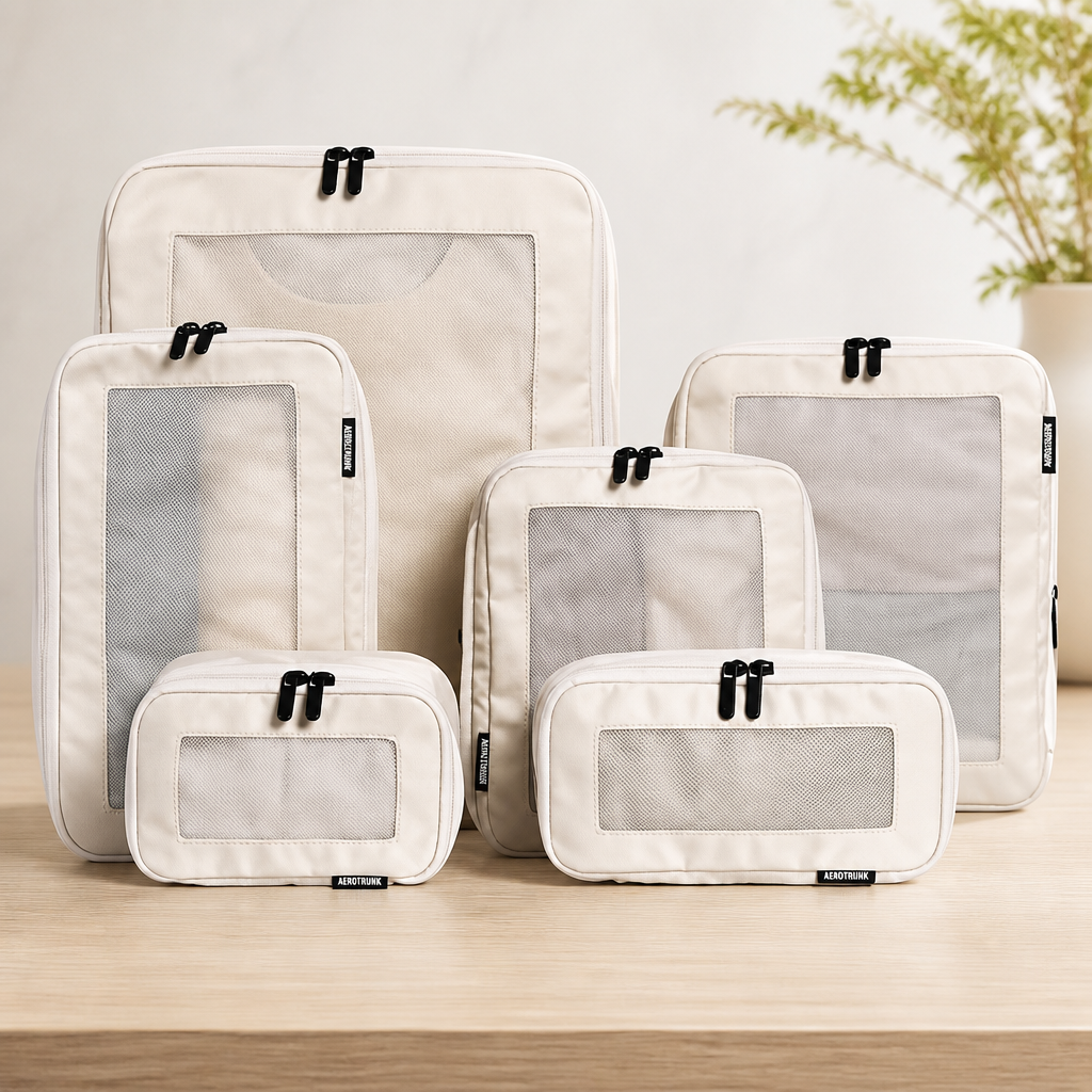 Aerotrunk Compression Packing Cubes for Travel - Luggage Organizer Bags - Double Zipper Packing Cubes for Suitcases (6-Pack, Beige)