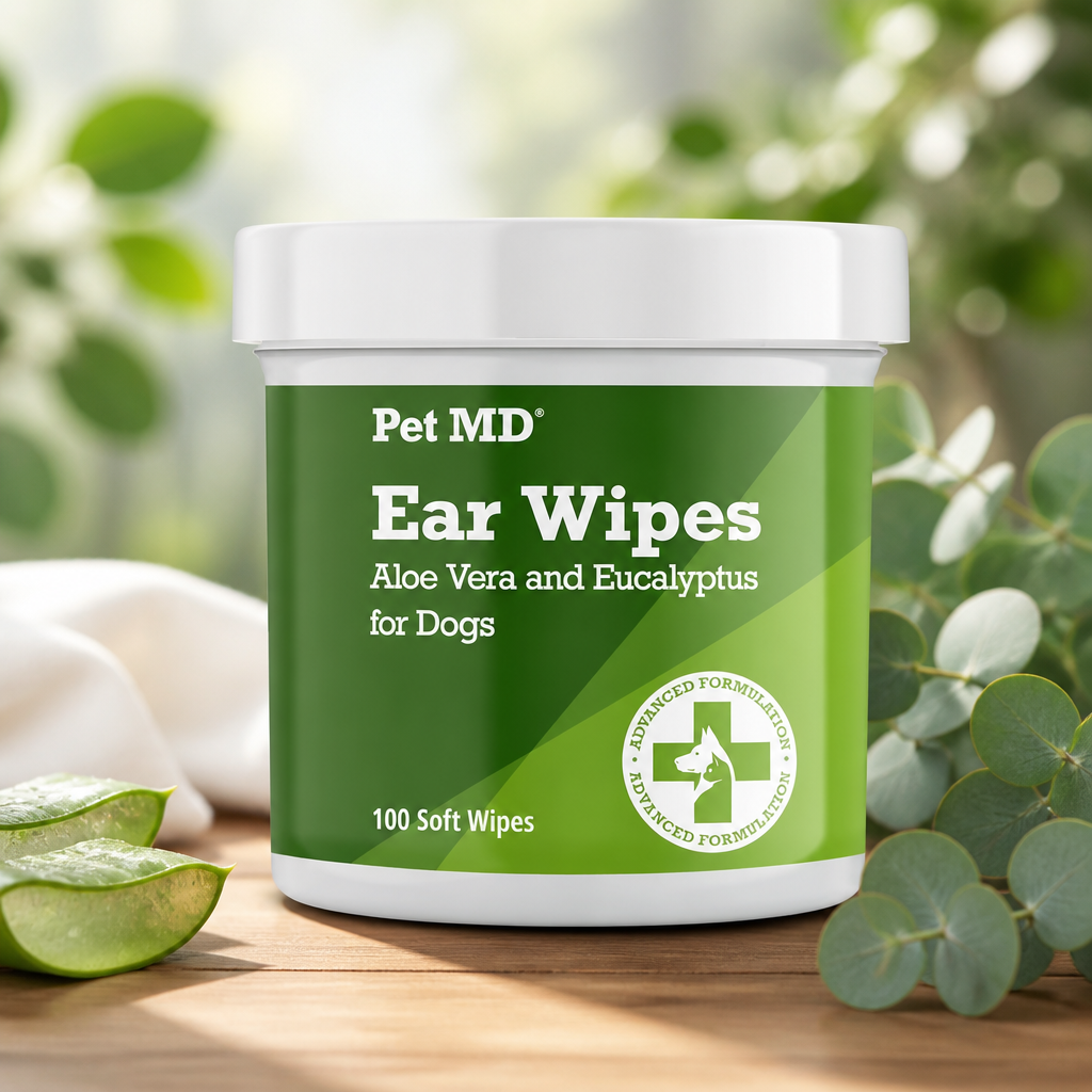 Pet MD Dog Ear Cleaning Wipes – Otic Cleanser for Dogs - 100 ct | Soothing Ear Care with Aloe Vera & Eucalyptus, Regular Wipes