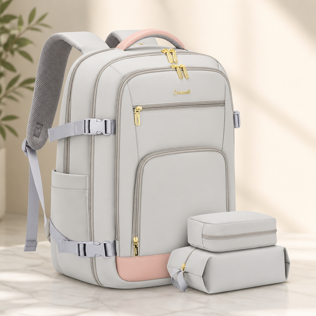 LOVEVOOK Travel Backpack For Women, 40L Carry On Backpack Flight Approved, TSA Personal Item Travel Bag Fits 17 Inch Laptop, Business Weekender Overnight Waterproof Daypack With 2 Cubes, Grey-Pink