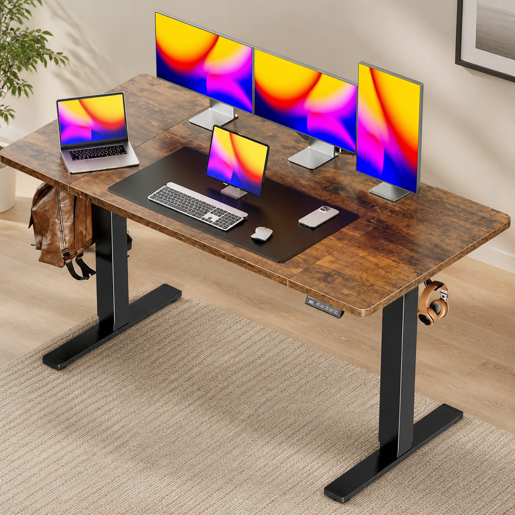 Huuger 55 x 28 Large Electric Standing Desk, Height Adjustable Computer Desk, 27.6" Deep Desktop, Stand up Gaming Office Desk with 2 Hooks, 3 Preset Heights, for Home Office, Rustic Brown