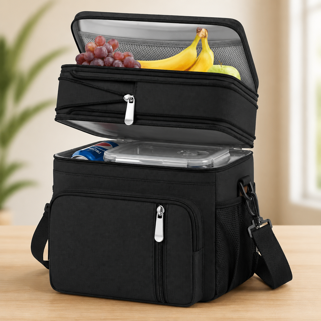 MIYCOO Lunch Bag & Lunch Box for Men Women, Double Deck Leakproof Insulated Soft Large Adult Camping Cooler bag for Work, Beach, Picnic, Travel (Black, 15L)