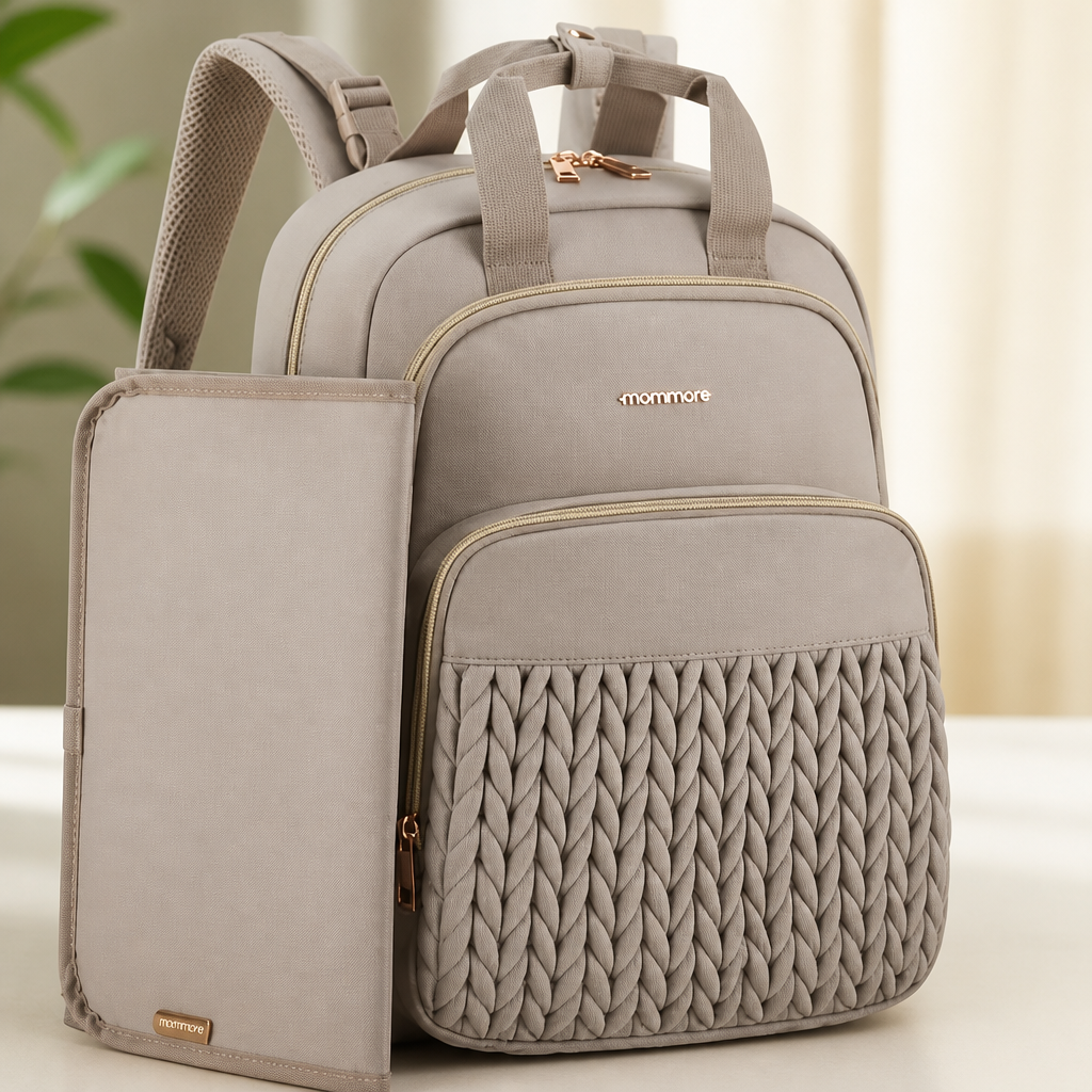 mommore Diaper Bag Backpack, Stylish Travel Baby Bag with Insulated Pockets, Changing Pad and Stroller Straps for Toddler (L-Brown Taupe, Large-27L)