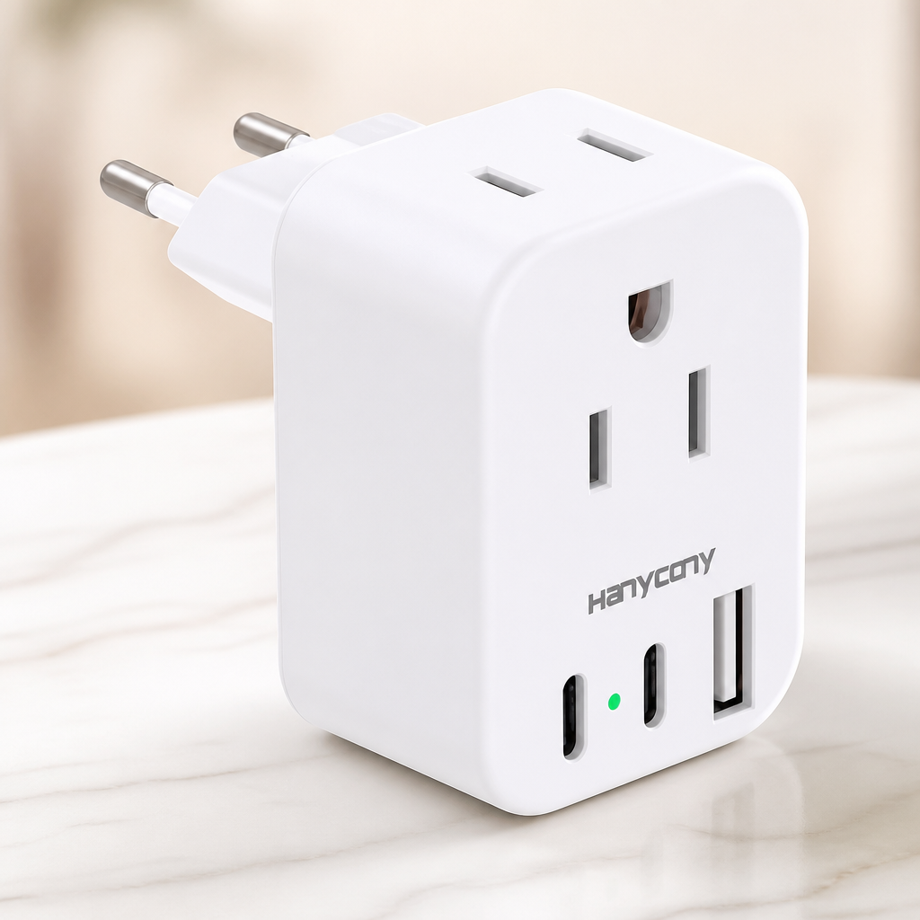 European Travel Plug Adapter USB C, HANYCONY International Plug Adapter, US to Europe Adapter Plug 2 Outlets 3 USB Ports(2 C Port), Type C Power Adapter to Italy Spain France Portugal Iceland Germany