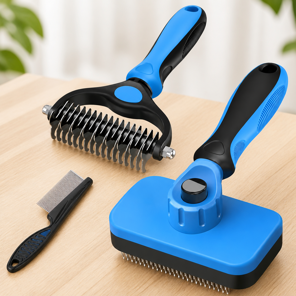 Professional 3PCS Self Cleaning Slicker Brush & Pet Grooming Rake & Flea Comb for Dogs,Cats and Horses | Double-Sided Dematting Comb & Skin Friendly Deshedding Grooming Tool | Pet Supplies (Blue)