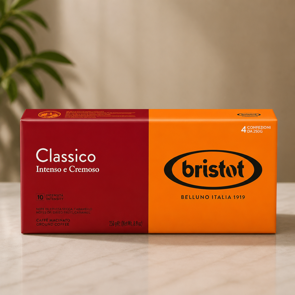 Bristot Classico Italian Breakfast Ground Espresso – Medium Roast Coffee – Intense & Creamy Flavor – 4-Pack (250g Each, 2.2lb Total) – For Moka, French Press & Pour Over – Roasted in Italy
