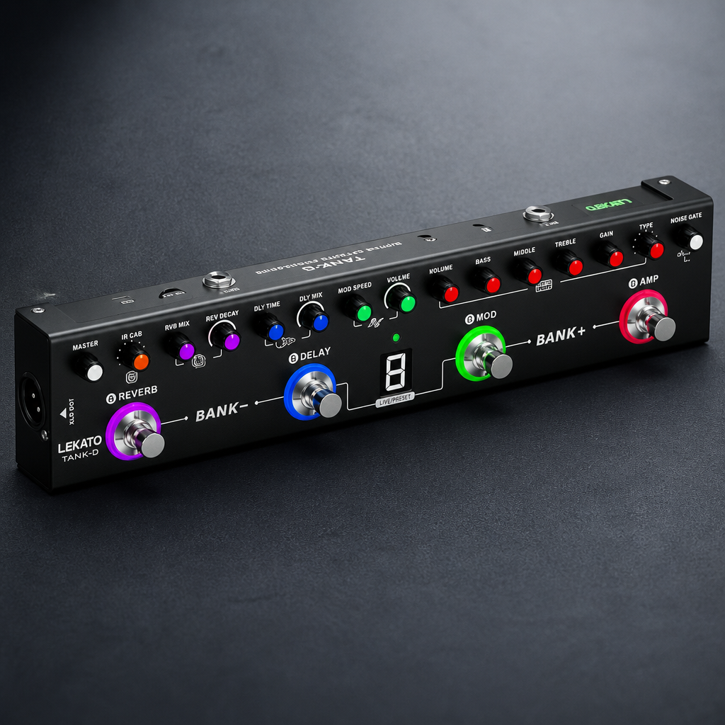 LEKATO Multi Effects Guitar Pedal, Guitar Effects Pedal with 36 Presets, Editable 4 Modules, Amp, Chorus, Delay, Reverb, IR CAB, Tuner, BT Connection, Music Recording