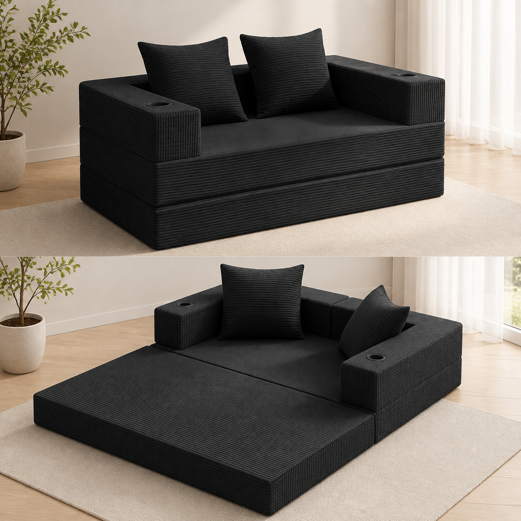 COMAX Futon Sofa Bed, 4‑in‑1 Convertible Sofa Bed, Folding Boneless Couches | Boneless Couch for living room, Fold Out Small Foldable Loveseat Floor Sleeper Mattress Lounge Space‑Saving, Black