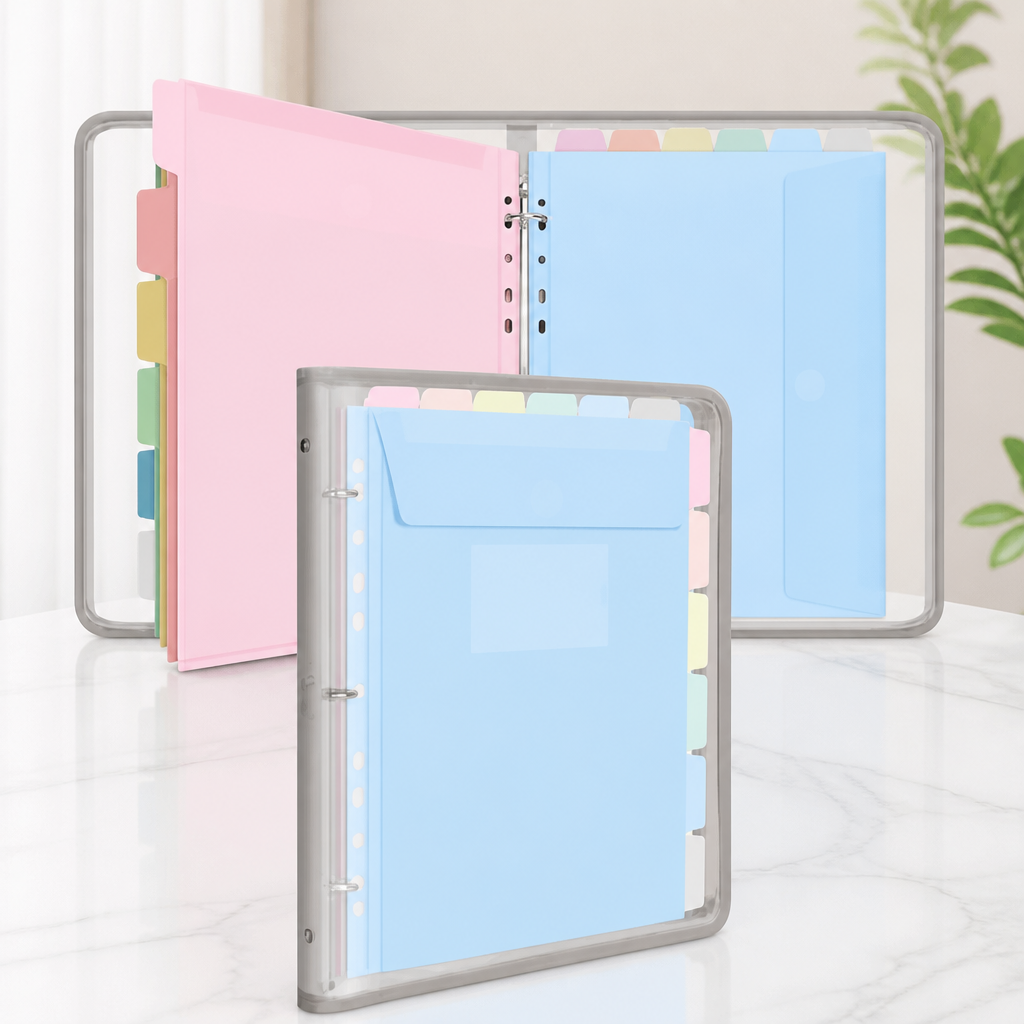 Uquelic Document Organizer, Soft PVC Binder with 12 Colorful Pockets - Zipper Binder 3 Ring with Dividers Letter Size (11'' x 8.5'')-Large Capacity Cute Folder for School, Office & Home Use​ (Grey)