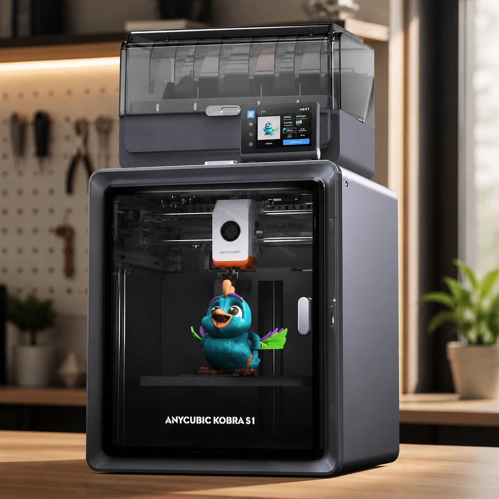 Anycubic Kobra S1 Combo Multi-Color 3D Printer with Active Filament Drying, 600mm/s High Speed CoreXY 3D Printer, Fully Enclosed & Auto Leveling, 4-Color Printing Bulit-in, Smart APP Control