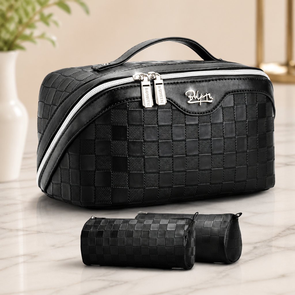 BOYATU Travel Makeup Bag Organizer: 3 Pcs Set Large Capacity Cosmetic Bags Holds 10–20 100ml Full-Size Bottles for 3–15 Day Trips - 180°Open-Flat Make up Case 3-sec touch-up - Toiletry Bag Gift women