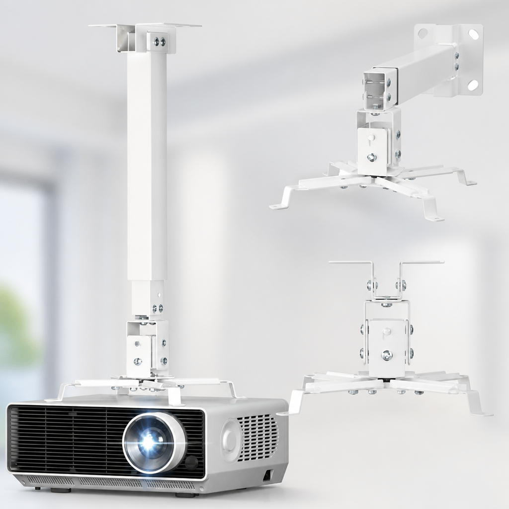 WALI Projector Mount Ceiling/Wall - Universal 3-in-1 Bracket with Extension Pole, Height Adjustable Holder for LCD/DLP Projectors, Supports up to 44lbs (PM-003-W), White