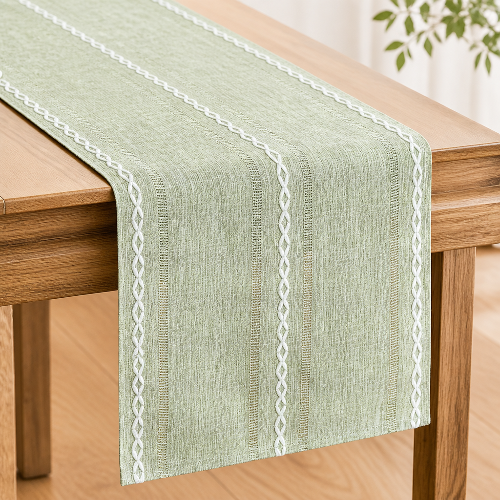 Artoid Mode Sage Green Rustic Cotton Linen Table Runner, Seasonal Embroidered Hollow Kitchen Dining Table Decoration for Home Party Decor 13x72 Inch