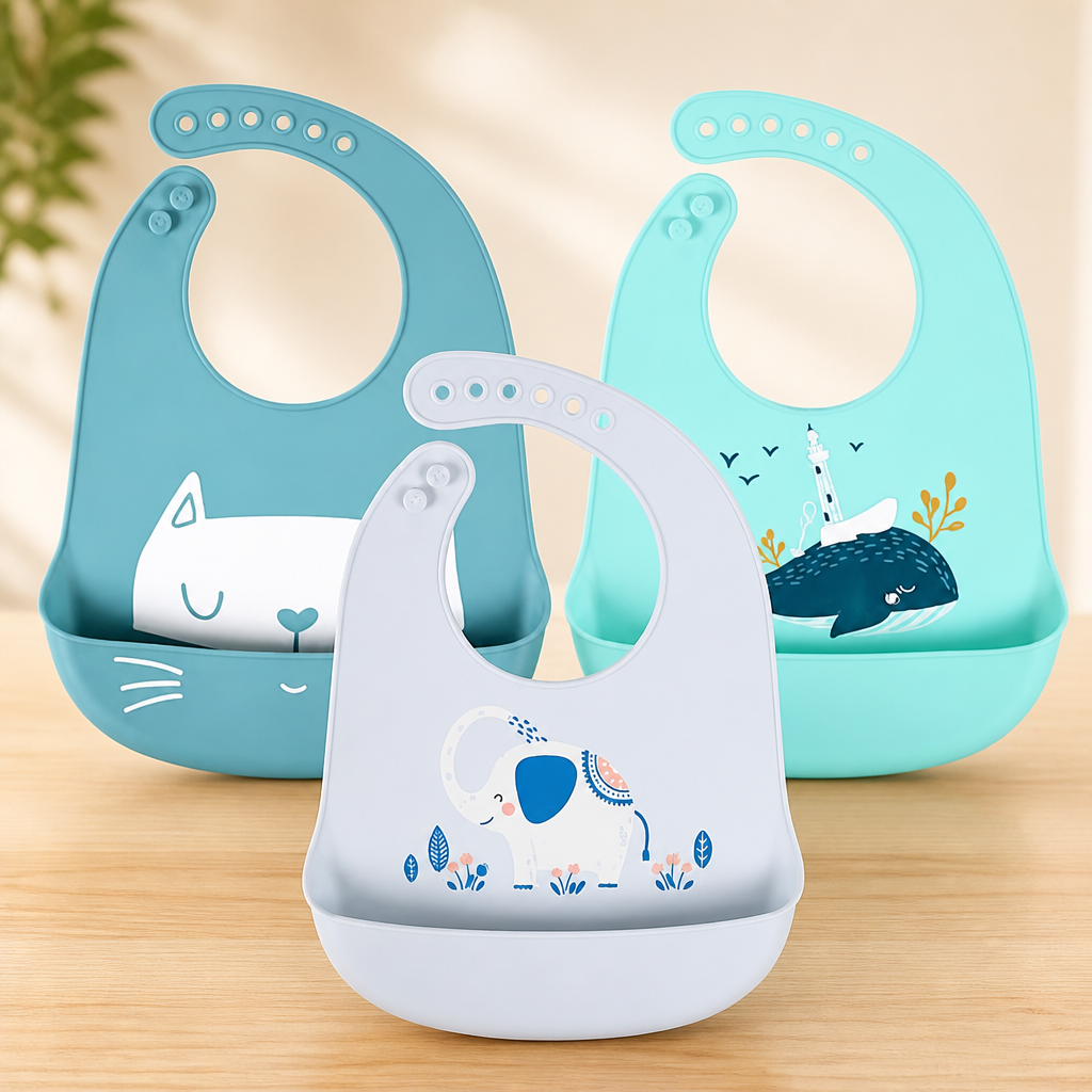 Baby Silicone Feeding Bibs, 3pcs Adjustable Waterproof Bibs for Feeding