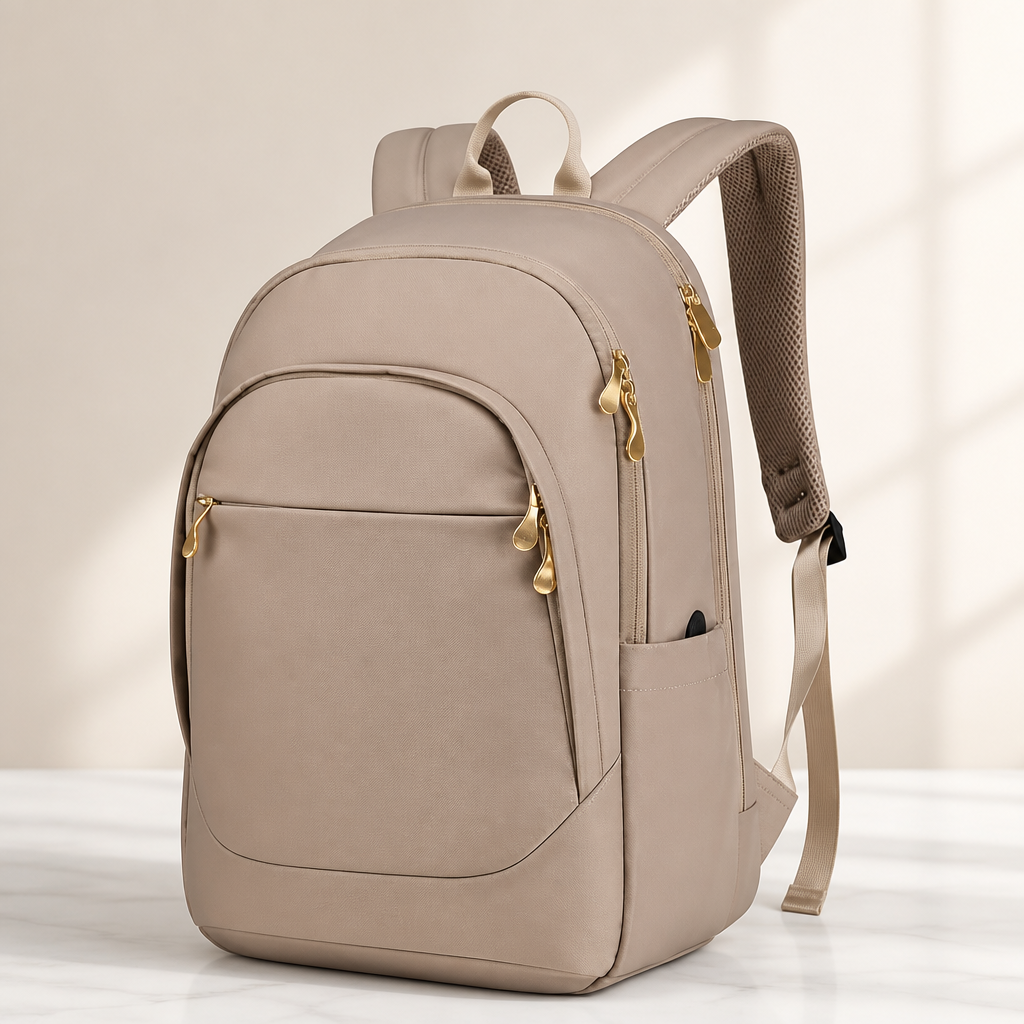 LIGHT FLIGHT Travel Laptop Backpack Women, 17.3 Inch, Champagne | USB Charging Hole, Water Resistant, College Bookbag, Computer Backpack for Work