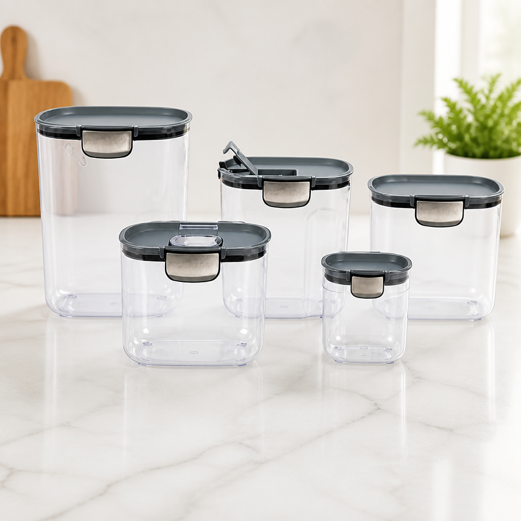 ProKeeper+ Airtight Food Storage Container Set – Clear Plastic Flour and Sugar Canister Set with Magnetic Accessories for Kitchen Organization (Grey, 9-Piece)