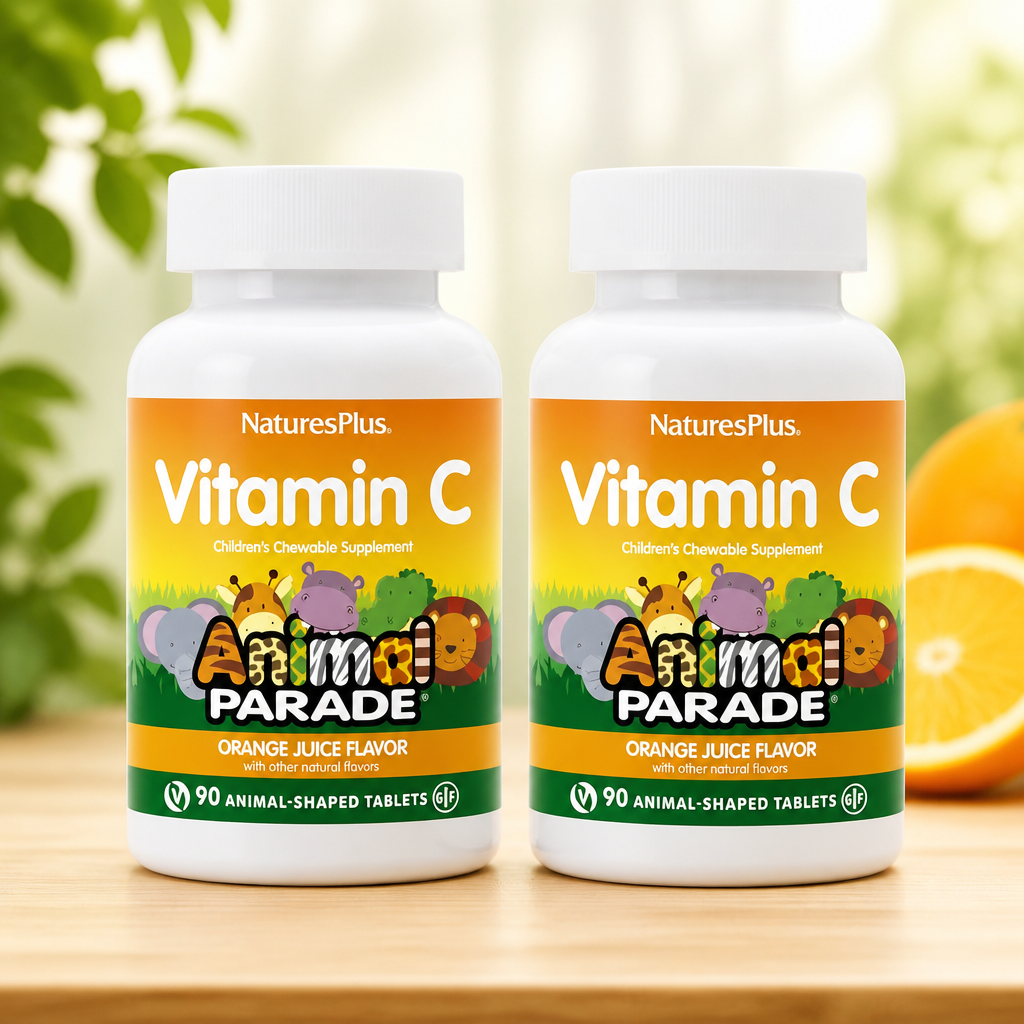 NaturesPlus Animal Parade Vitamin C Children's Chewable - Natural Orange Juice Flavor - 90 Animal-Shaped Tablets, Pack of 2 - Vegan, Vegetarian, Gluten Free - 90 Total Servings