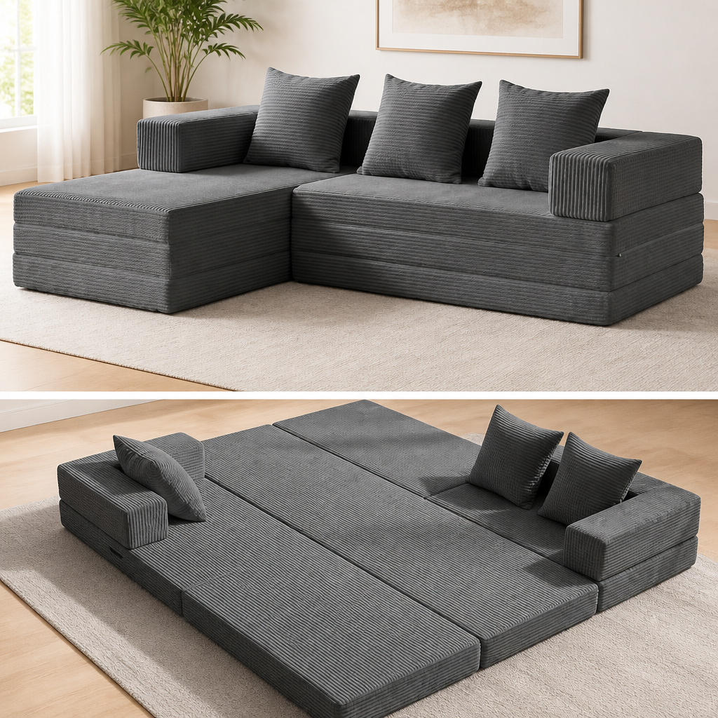 79" Modular Sectional Sofa, Boneless Convertible Sleeper Sofa Bed, Modern Tri-Folding Cloud Couch with L-Shape Chaise, Corduroy Futon for Living Room Small Spaces Apartment, No Assembly,Grey