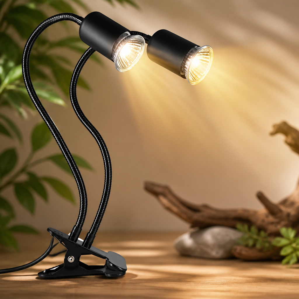TFNN Reptile Heat Lamp, Double-Head Heat Lamp with Clamp, UVA UVB Reptile Light with Intelligent Cycle Timer for Turtle, Bearded Dragon, Lizard and More, 2 Bulbs 25W+50W