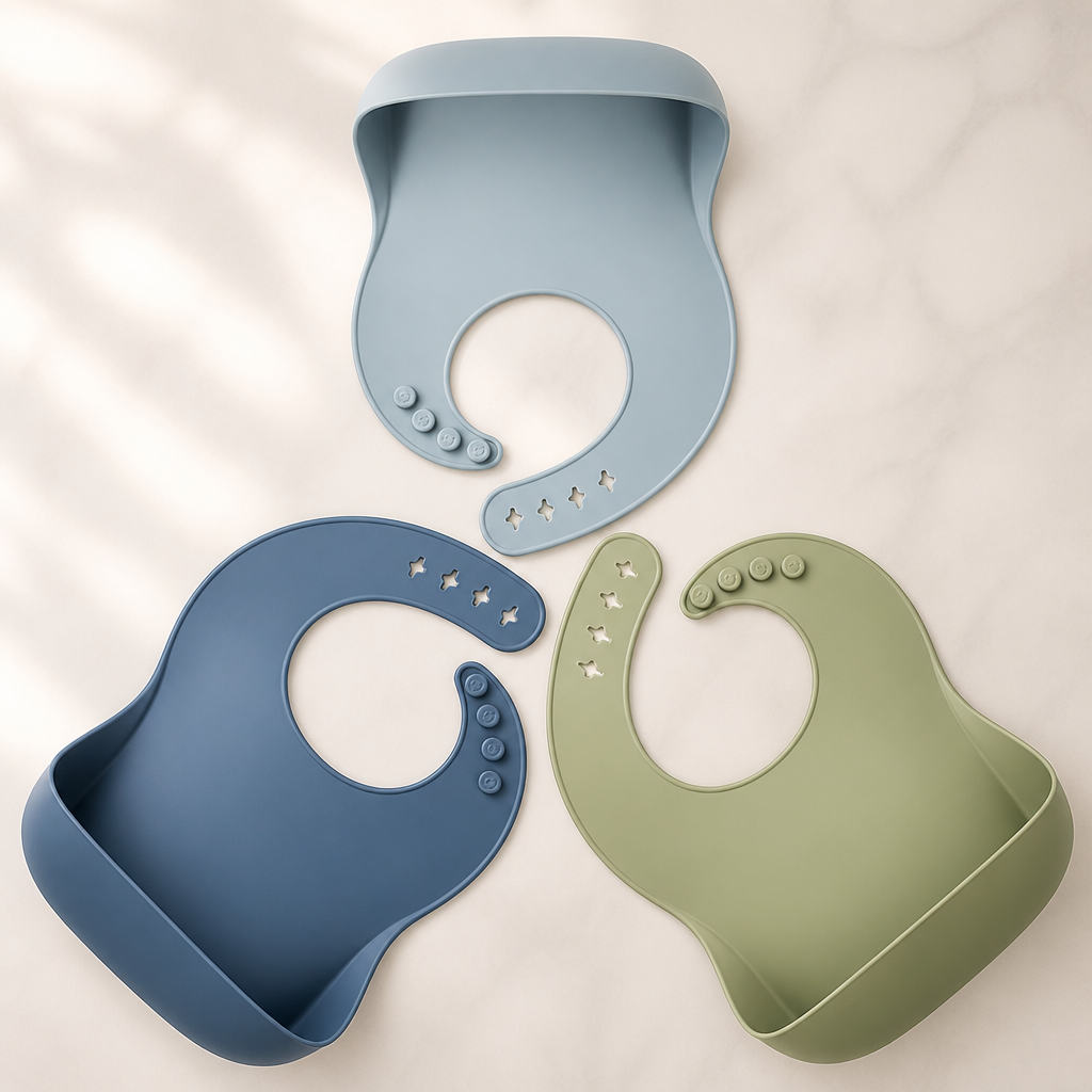 Tiny Marvels Silicone Baby Bibs Set of 3, Adjustable & Dishwasher Safe, Easy Clean Toddler Bibs with Food Catcher Pocket